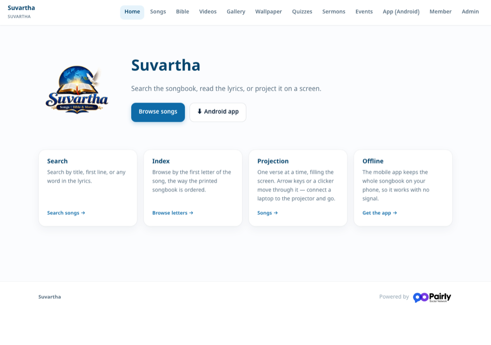 The home page, in your church’s name and colours